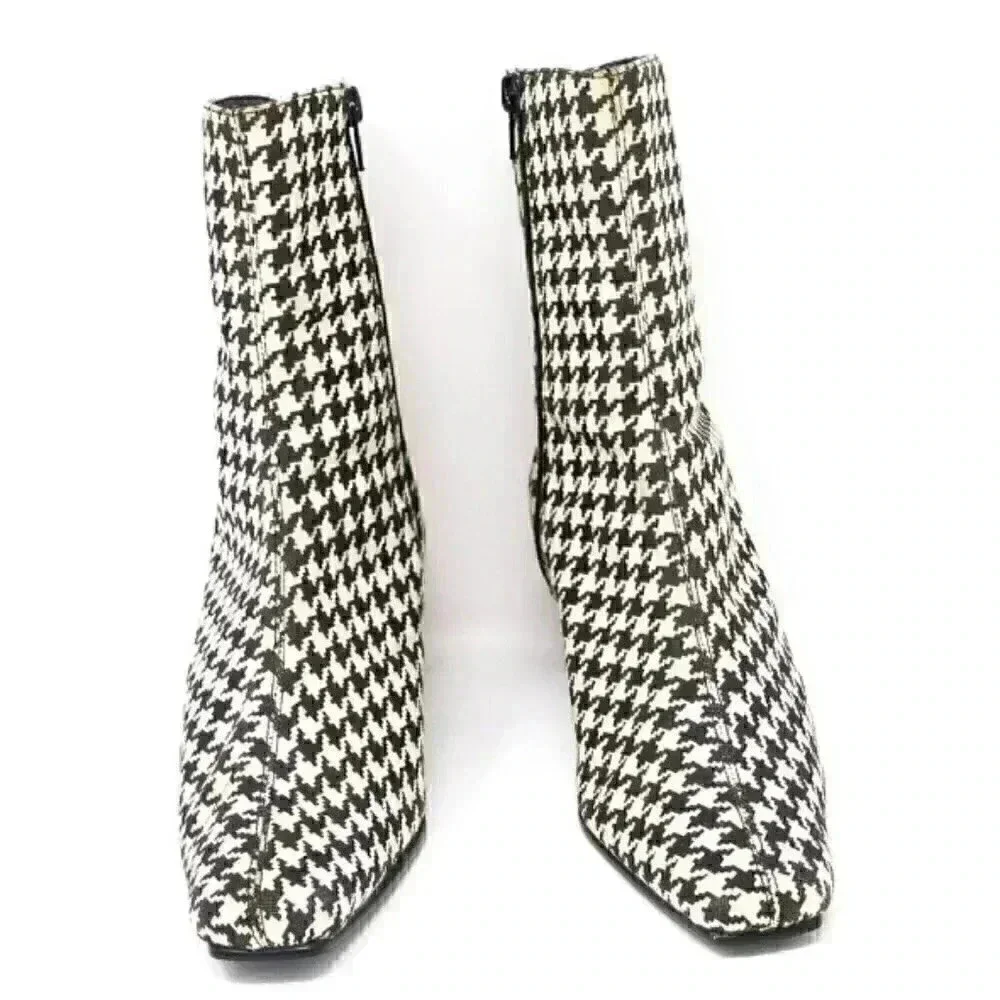 Black White Houndstooth Low Heel Bootie Size 6.5 US Retro Square Toe Ankle Boots